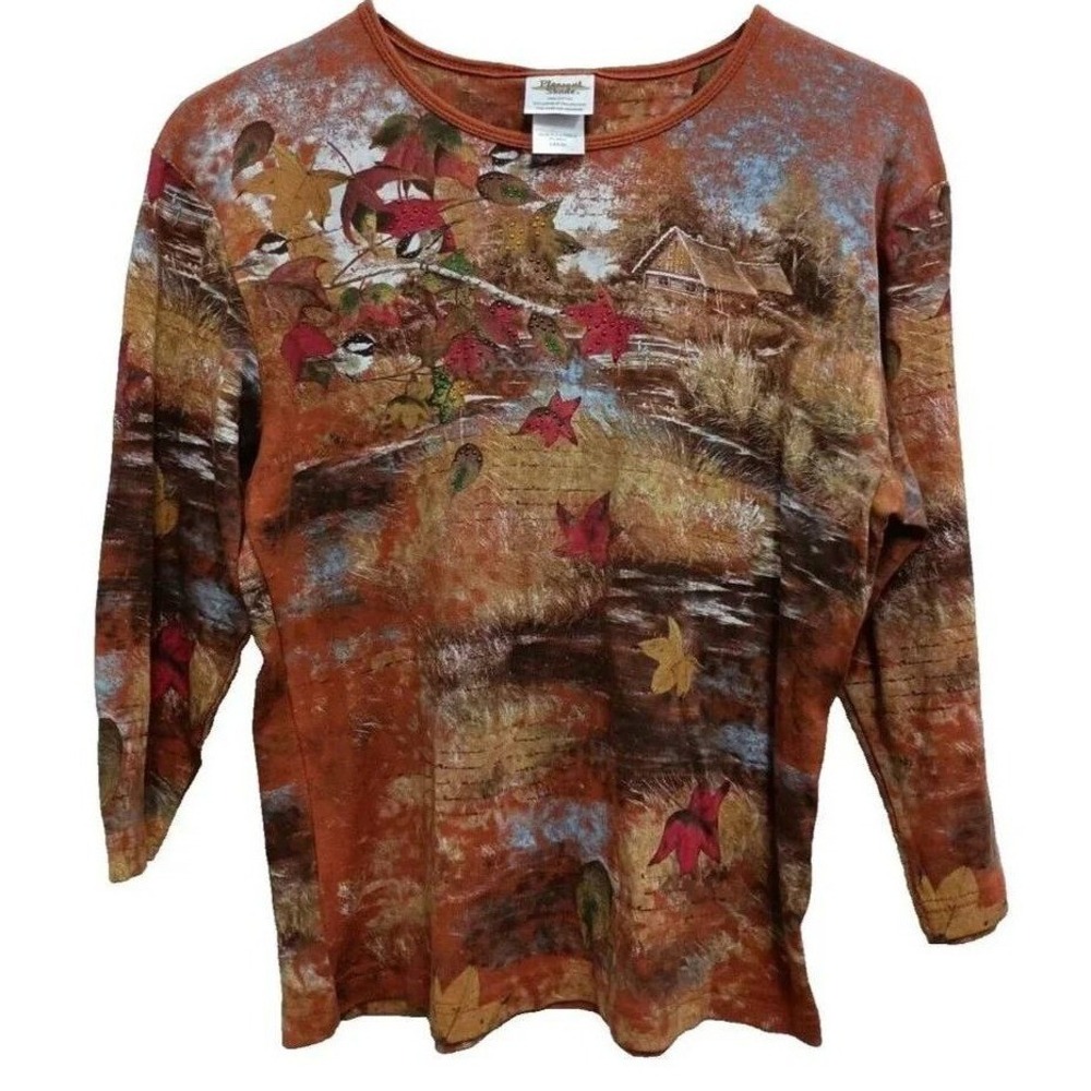 Pleasant Shade Artistic Top Womens L Orange Fall Leaves Embellished 3/4 Sleeve